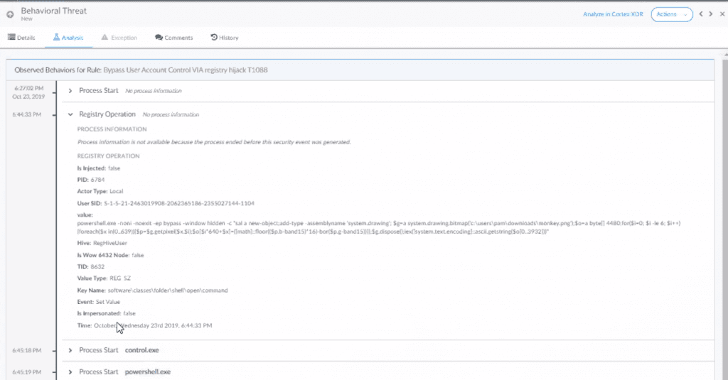 PaloAlto Networks’ün Cortex XDR ürünü tarafından üretilen “Bypass User Account Control VIA registry hijack T1088” alarmı